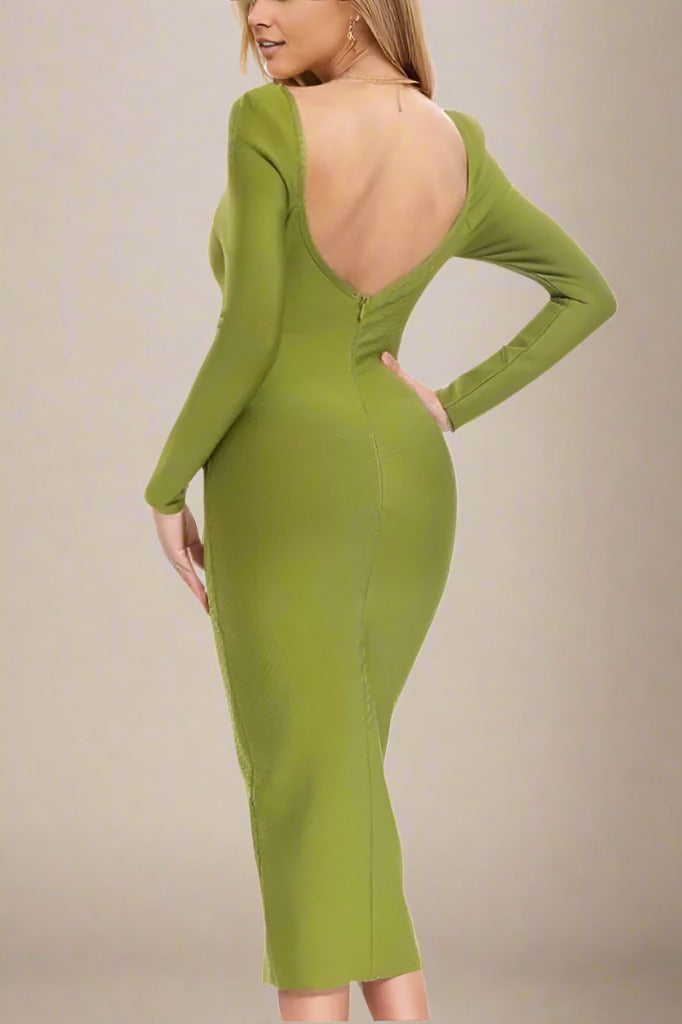 Woman wearing a figure flattering  Blanche Long Sleeve Bandage Midi Dress - Olive Green BODYCON COLLECTION