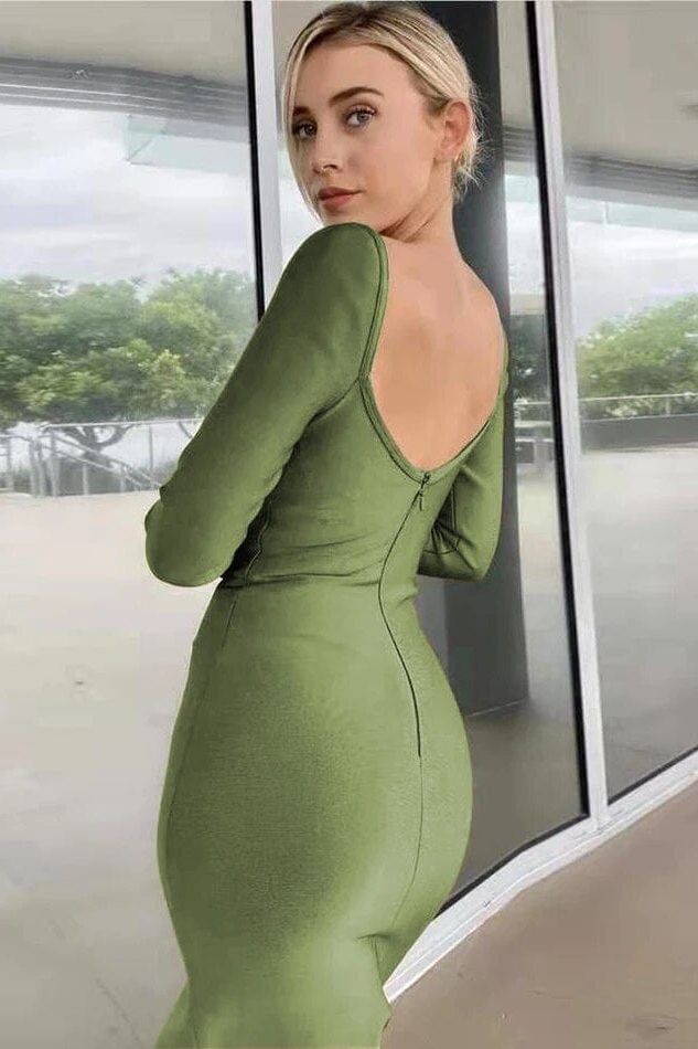 Woman wearing a figure flattering  Blanche Long Sleeve Bandage Midi Dress - Olive Green BODYCON COLLECTION