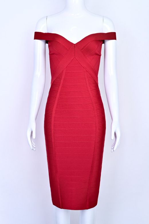 Woman wearing a figure flattering  Breanna Bandage Dress - Chilli Red BODYCON COLLECTION