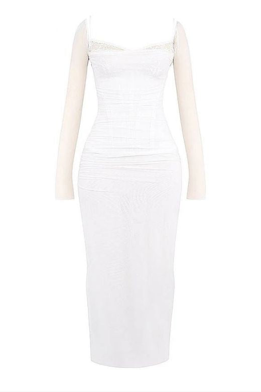 Woman wearing a figure flattering  Brianna Bodycon Long Sleeve Maxi Dress - Pearl White BODYCON COLLECTION