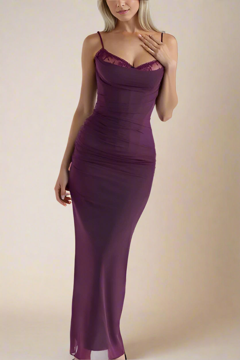 Woman wearing a figure flattering  Brianna Bodycon Wrap Maxi Dress - Plum Purple BODYCON COLLECTION