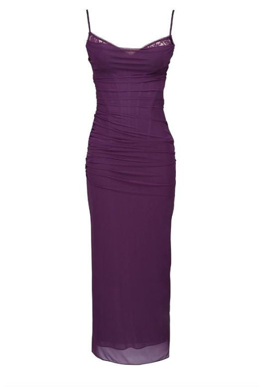 Woman wearing a figure flattering  Brianna Bodycon Wrap Maxi Dress - Plum Purple BODYCON COLLECTION