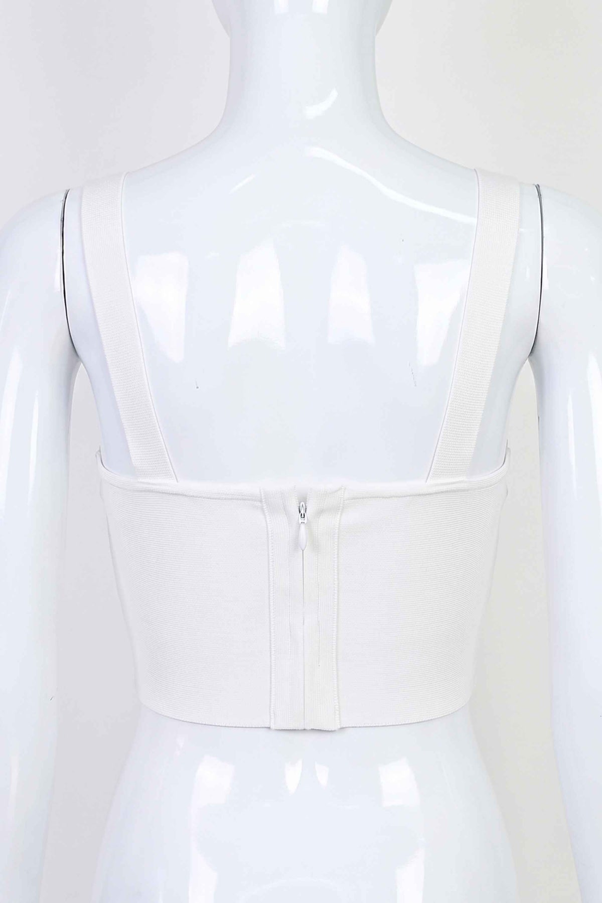 Woman wearing a figure flattering  Brooke Bandage Crop Top - Pearl White BODYCON COLLECTION