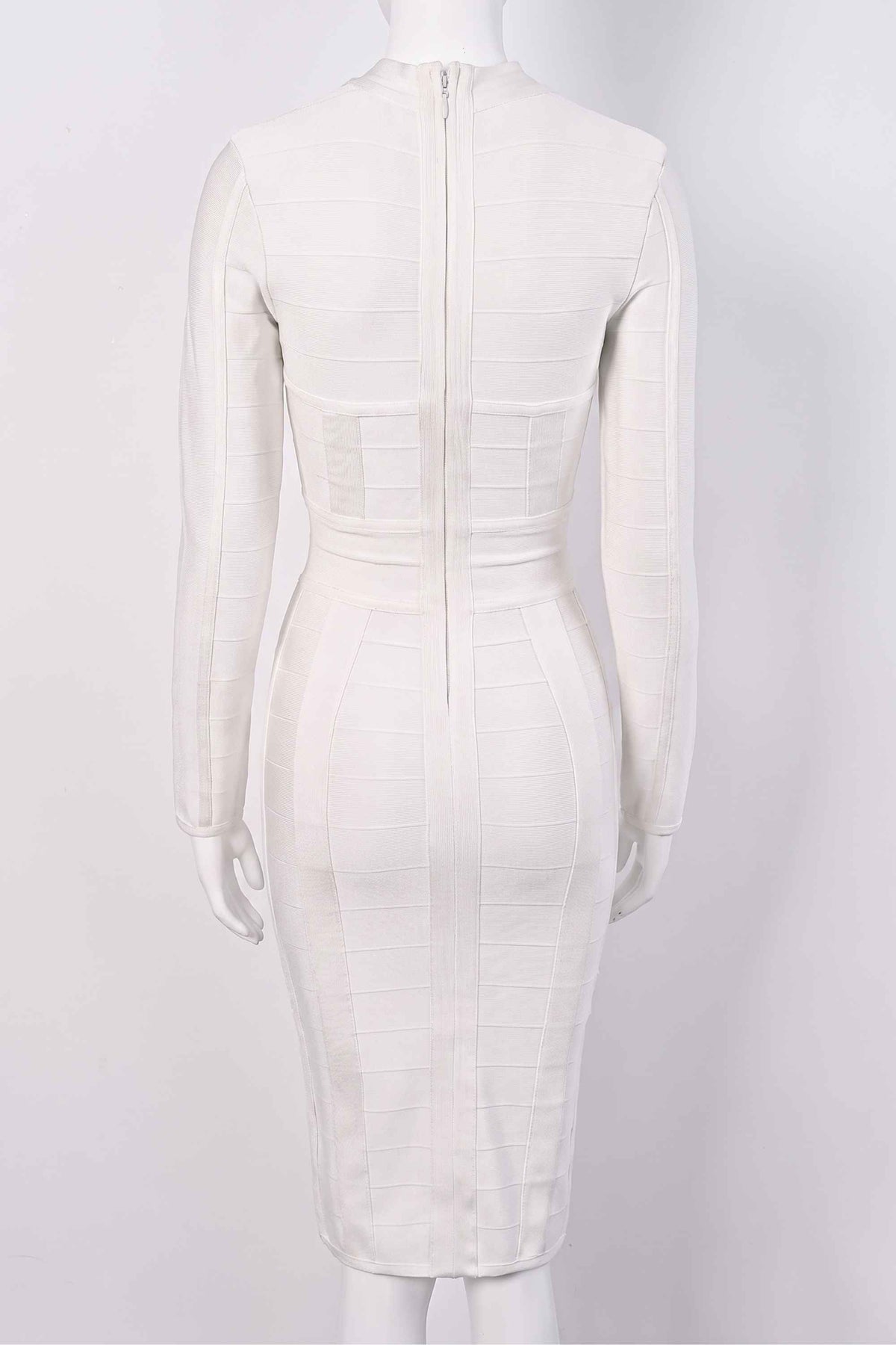 Woman wearing a figure flattering  Brooke Long Sleeve Bandage Dress - Pearl White BODYCON COLLECTION