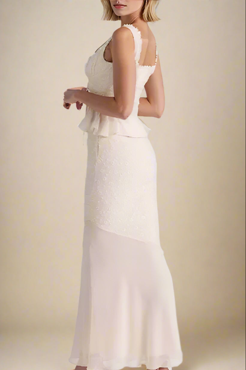 Woman wearing a figure flattering  Cali Wrap Top and Maxi Skirt Set - Ivory White BODYCON COLLECTION