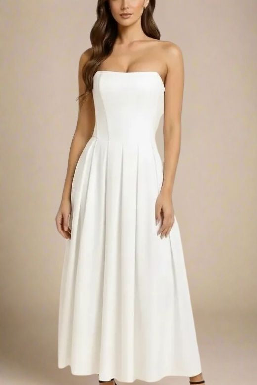Woman wearing a figure flattering  Capri Bodycon Strapless Midi Dress - Pearl White BODYCON COLLECTION