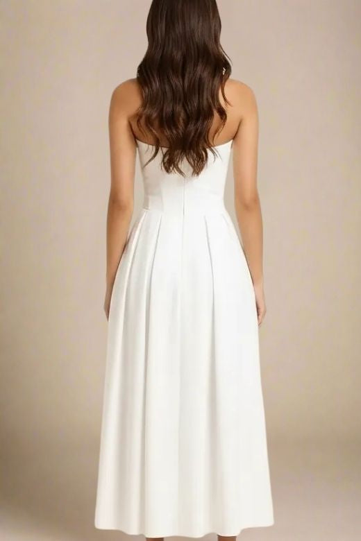 Woman wearing a figure flattering  Capri Bodycon Strapless Midi Dress - Pearl White BODYCON COLLECTION