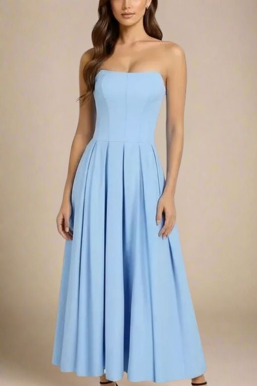 Woman wearing a figure flattering  Capri Bodycon Strapless Midi Dress - Sky Blue BODYCON COLLECTION