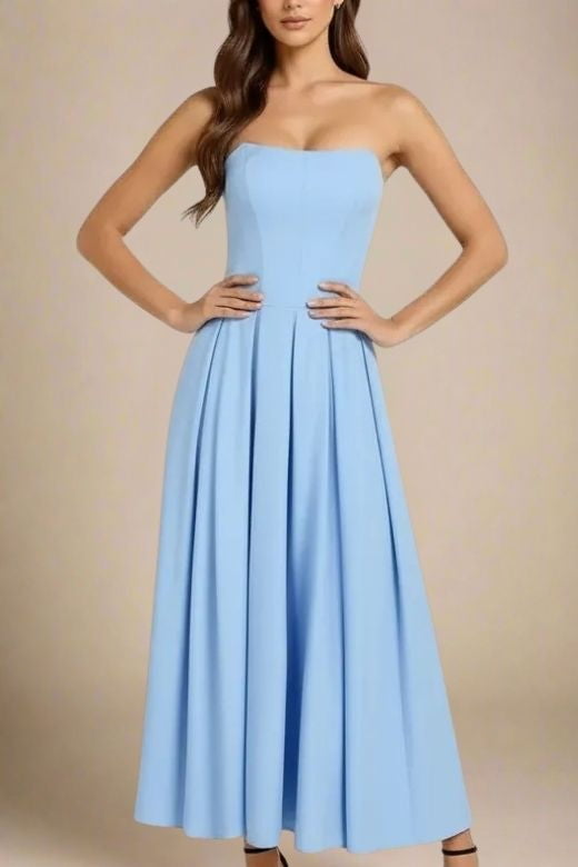 Woman wearing a figure flattering  Capri Strapless Midi Dress - Sky Blue BODYCON COLLECTION
