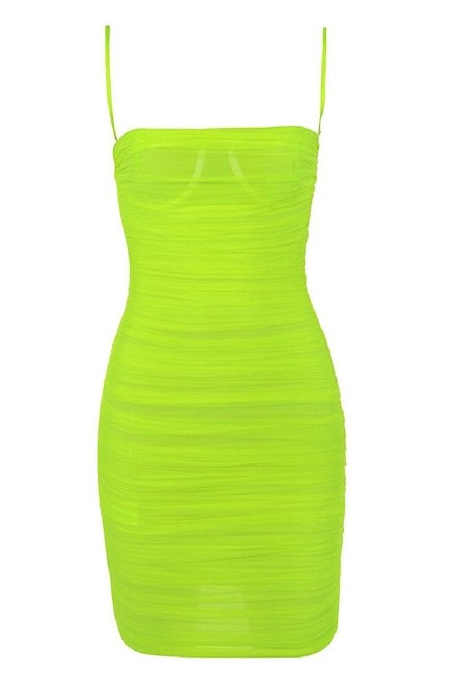 Woman wearing a figure flattering  Cassie Bodycon Wrap Mini Dress - Neon Green BODYCON COLLECTION
