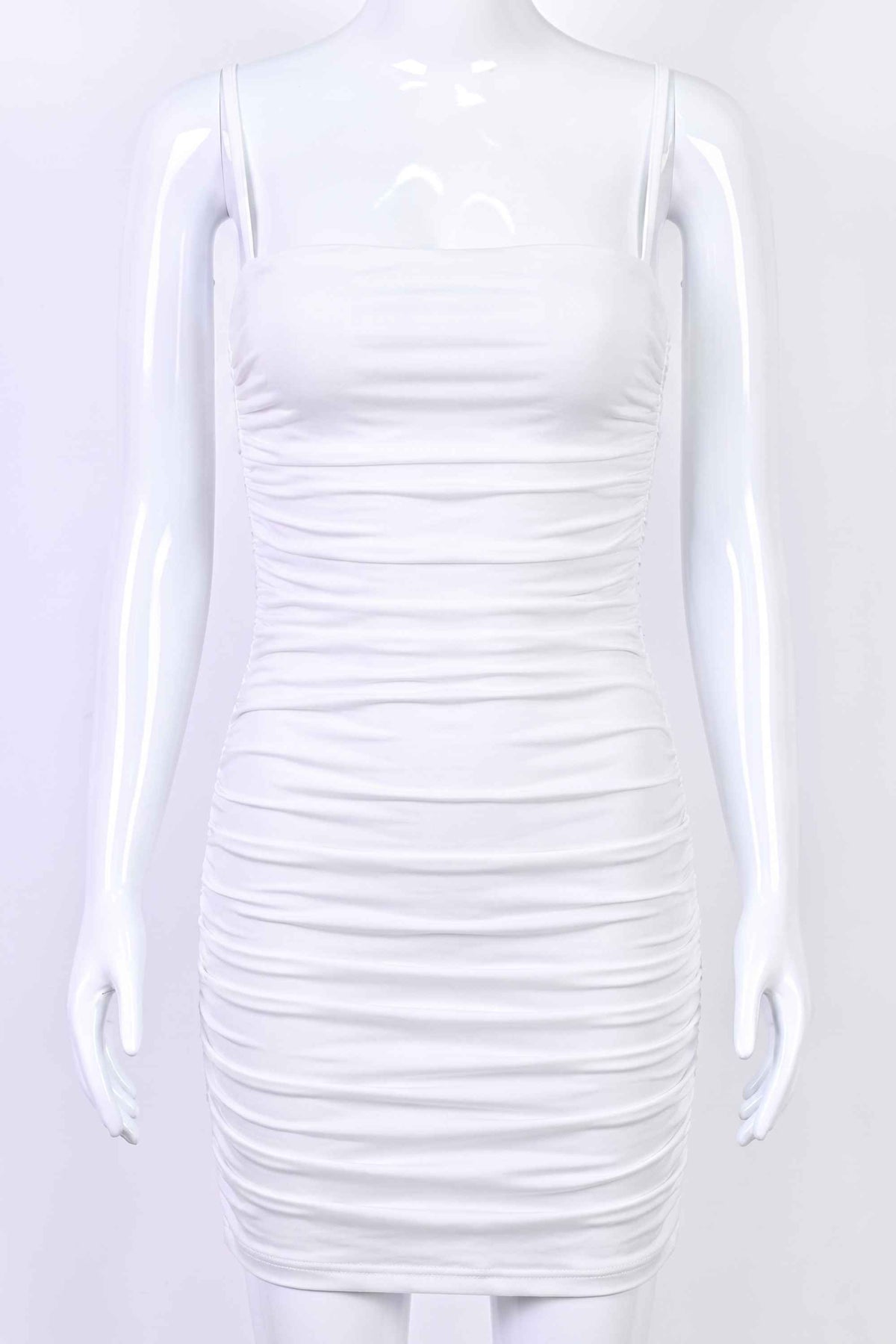 Woman wearing a figure flattering  Cassie Bodycon Wrap Mini Dress - Pearl White BODYCON COLLECTION