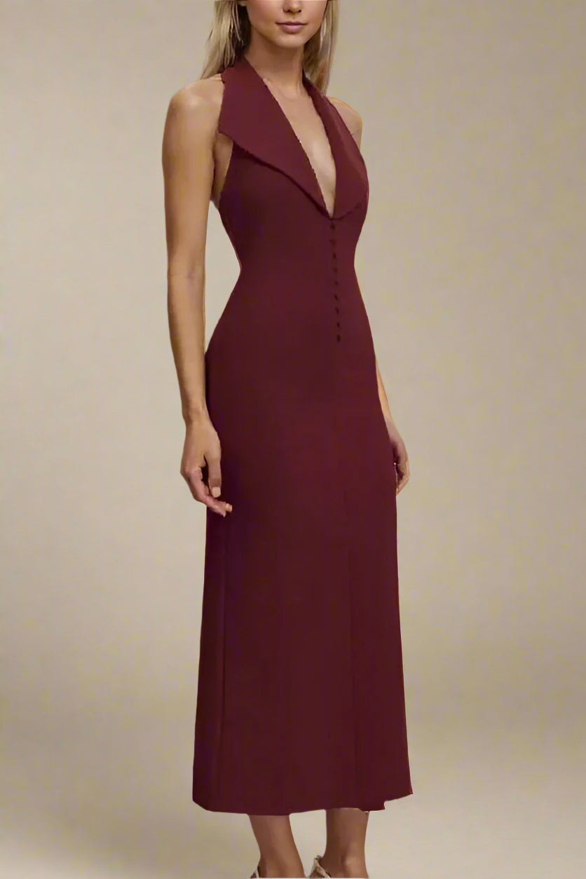 Woman wearing a figure flattering  Celine Bodycon V Neck Midi Dress - Red Wine BODYCON COLLECTION