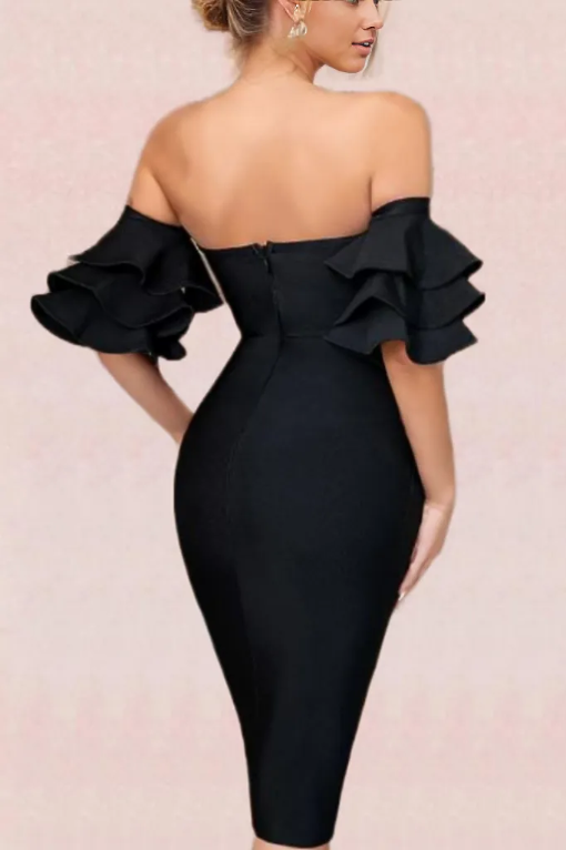 Woman wearing a figure flattering  Charlie Bandage Dress - Classic Black BODYCON COLLECTION