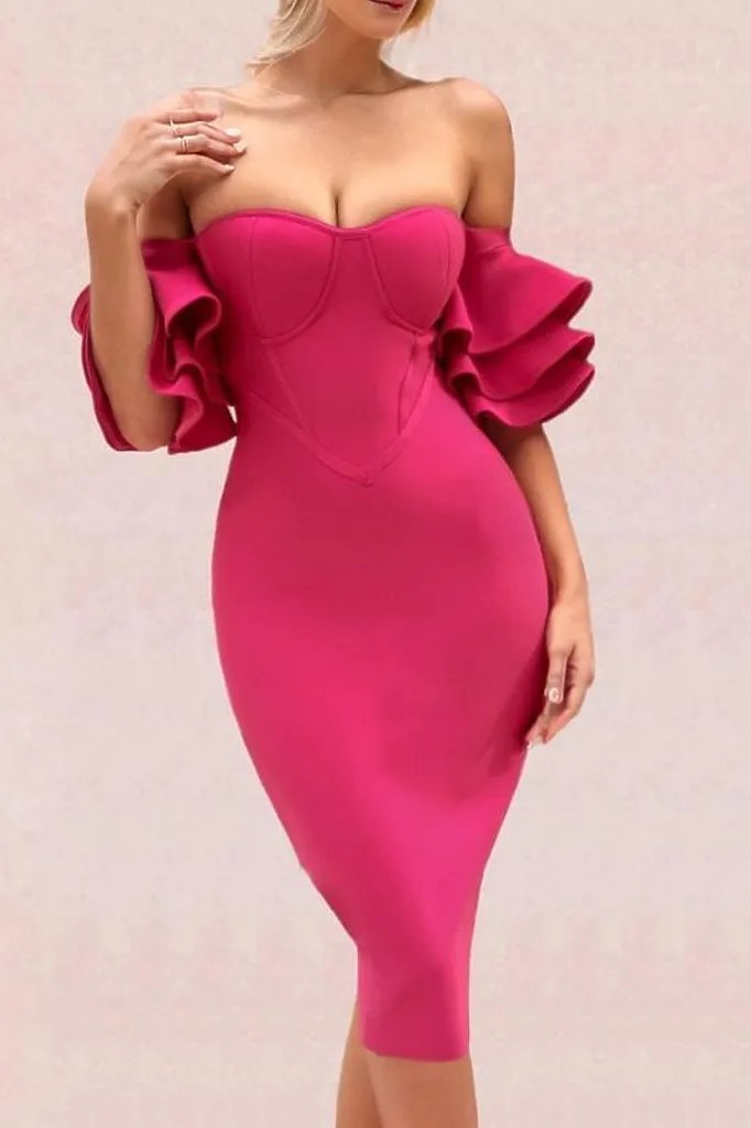 Woman wearing a figure flattering  Charlie Bandage Dress - Hot Pink BODYCON COLLECTION