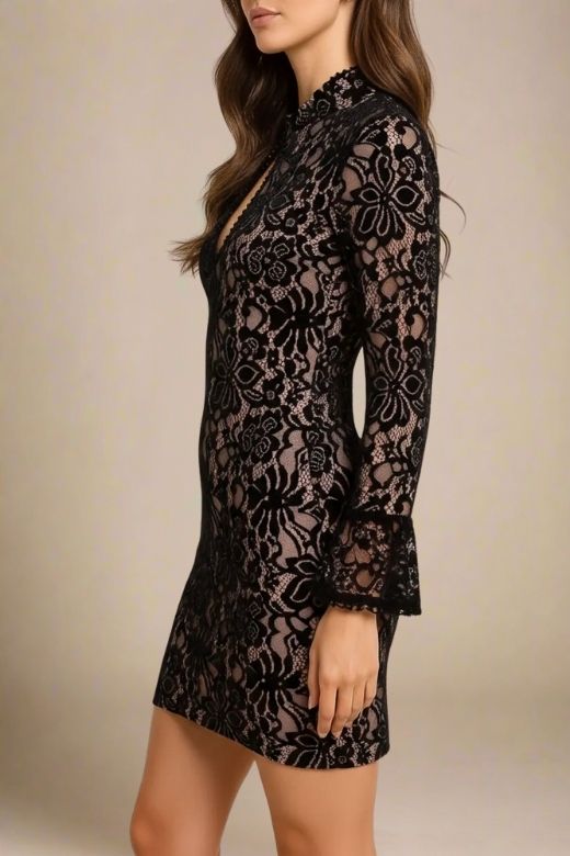 Woman wearing a figure flattering  Charlotte Long Sleeve Bodycon Mini Dress - Classic Black BODYCON COLLECTION