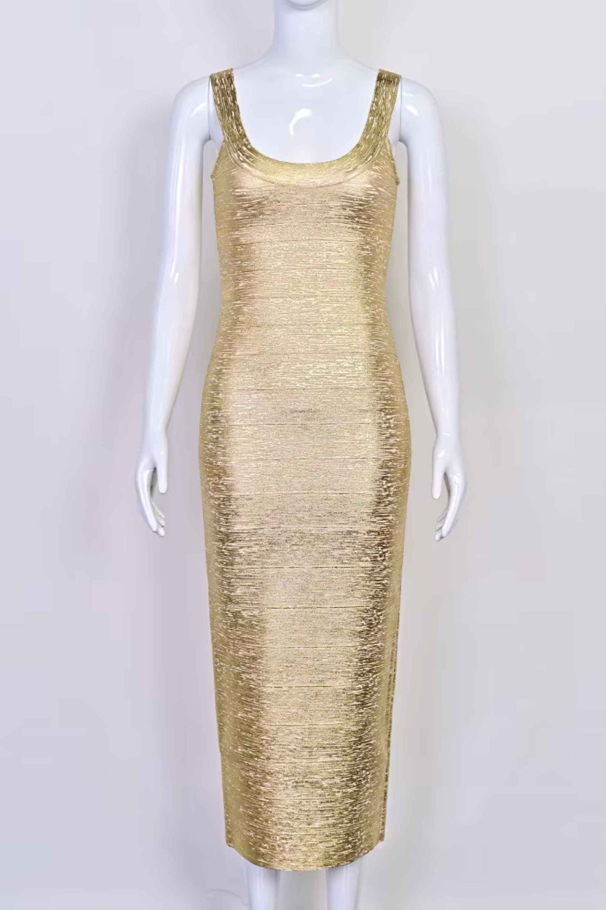 Woman wearing a figure flattering  Cindy Bandage Maxi Dress - Gold BODYCON COLLECTION Pty Ltd