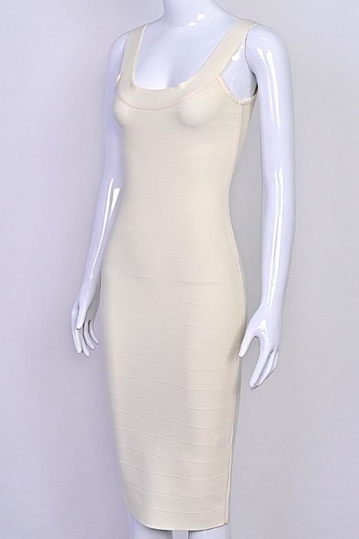 Woman wearing a figure flattering  Cindy Bandage Midi Dress - Cream BODYCON COLLECTION Pty Ltd
