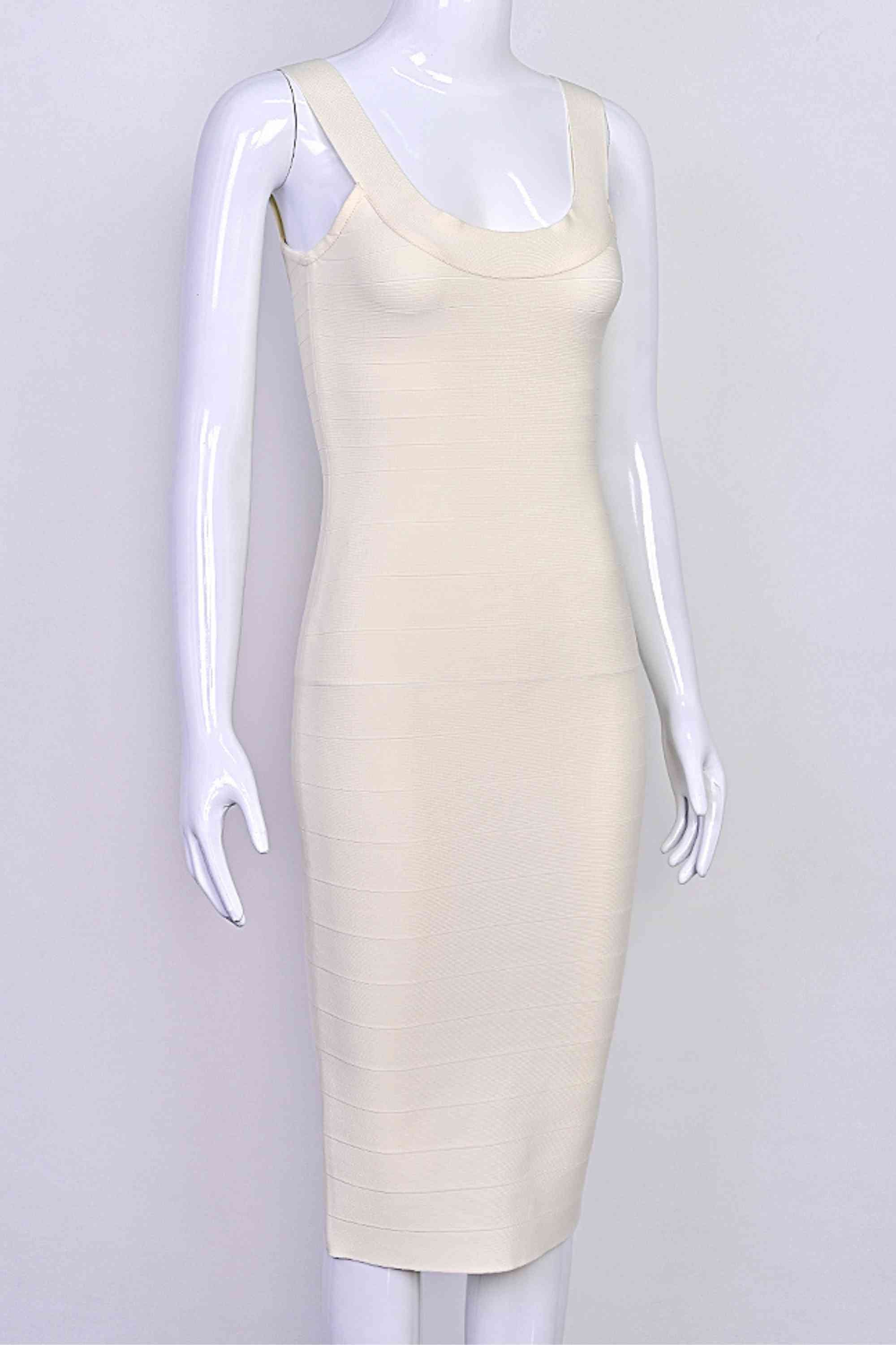 Woman wearing a figure flattering  Cindy Bandage Midi Dress - Cream BODYCON COLLECTION Pty Ltd