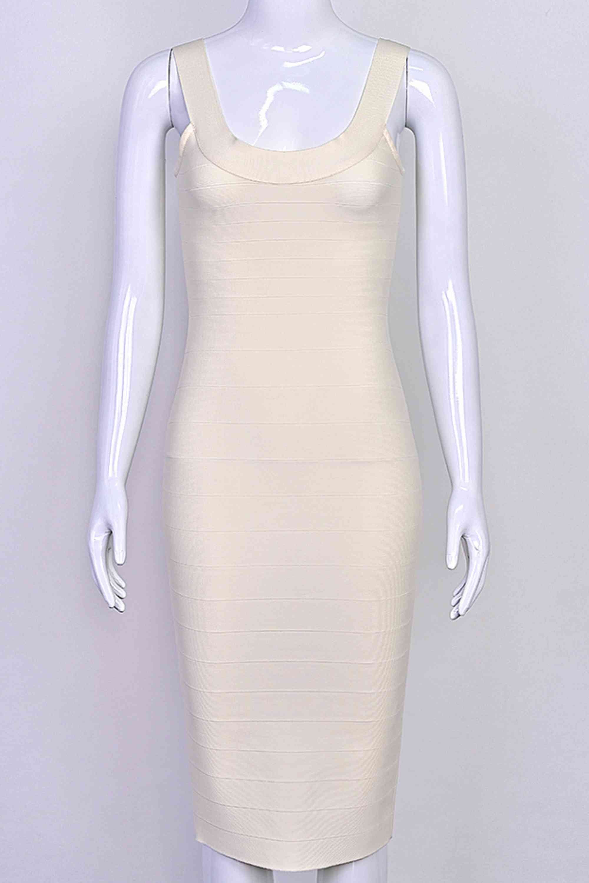 Woman wearing a figure flattering  Cindy Bandage Midi Dress - Cream BODYCON COLLECTION Pty Ltd