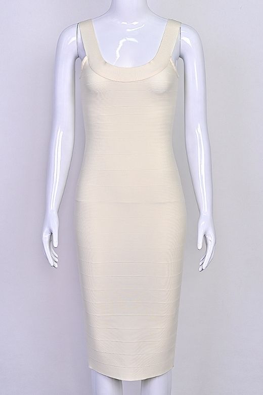 Woman wearing a figure flattering  Cindy Bandage Midi Dress - Cream BODYCON COLLECTION Pty Ltd