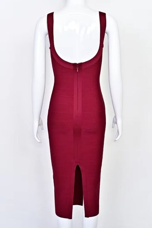 Woman wearing a figure flattering  Cindy Bandage Midi Dress - Red Wine BODYCON COLLECTION Pty Ltd