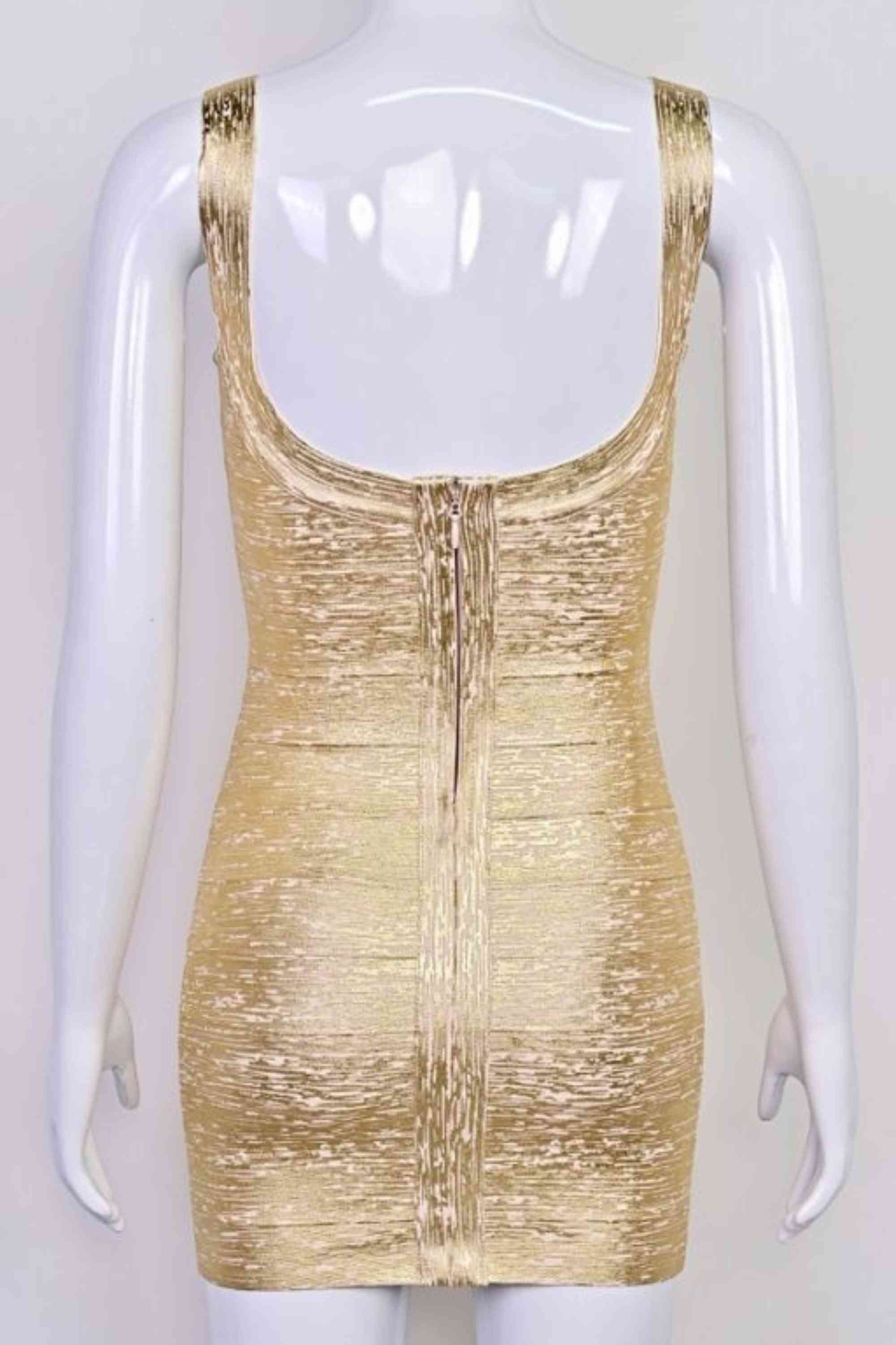 Woman wearing a figure flattering  Cindy Bandage Mini Dress - Gold BODYCON COLLECTION Pty Ltd