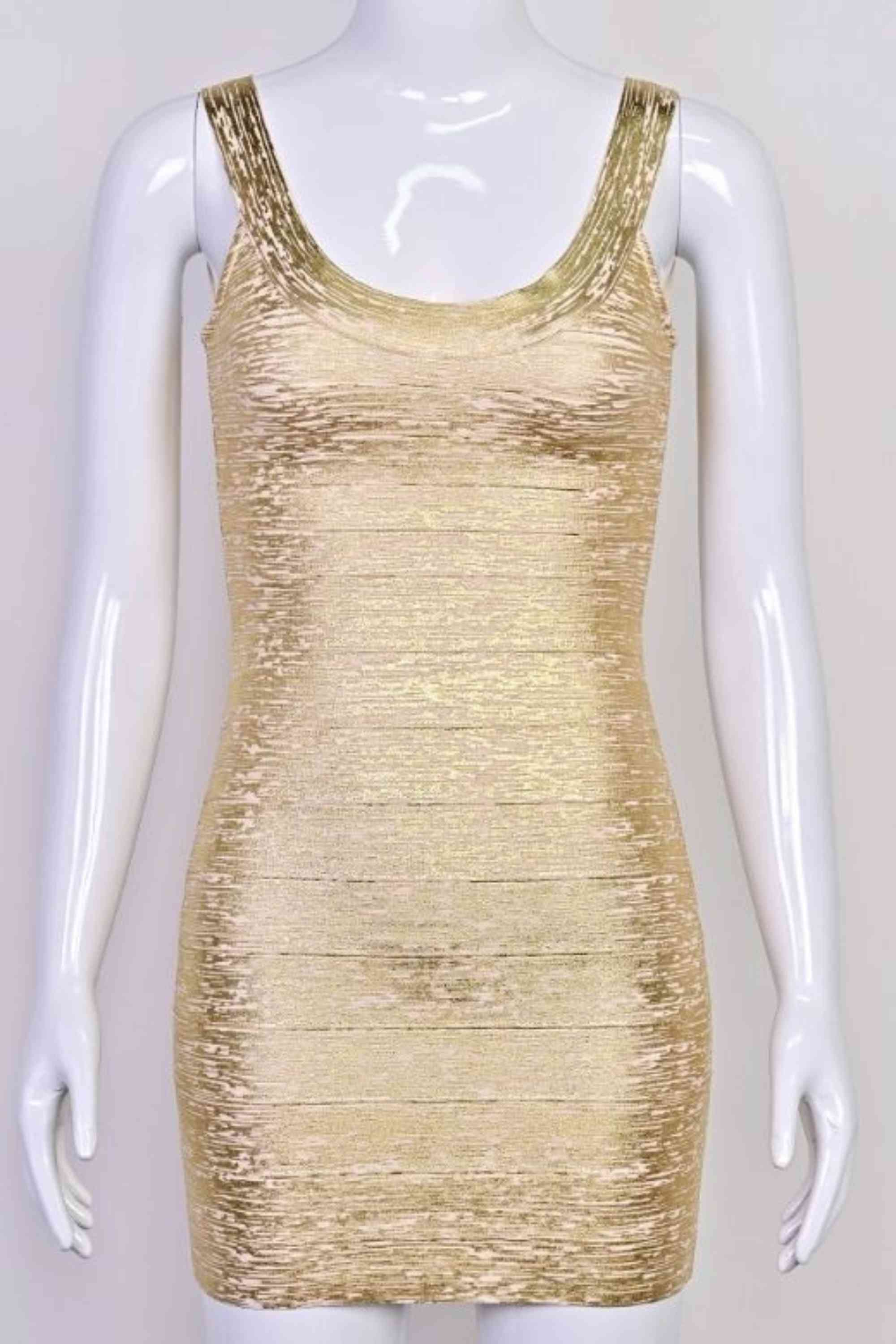 Woman wearing a figure flattering  Cindy Bandage Mini Dress - Gold BODYCON COLLECTION Pty Ltd