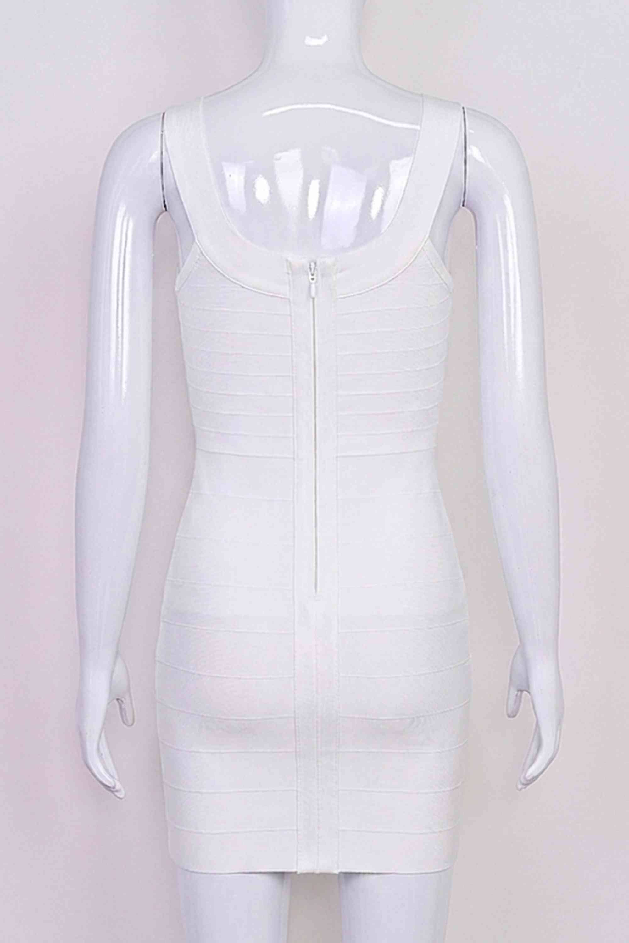 Woman wearing a figure flattering  Cindy Bandage Mini Dress - White Pearl BODYCON COLLECTION Pty Ltd