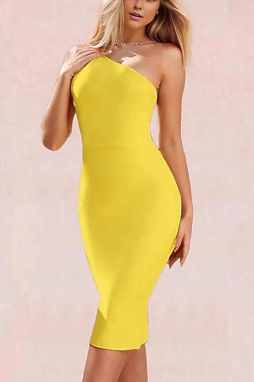 Woman wearing a figure flattering  Connie Bandage Midi Dress - Sun Yellow BODYCON COLLECTION