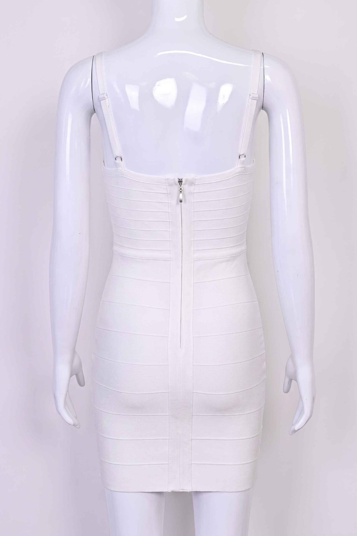 Woman wearing a figure flattering  Dom Bandage Mini Dress - White Pearl BODYCON COLLECTION Pty Ltd