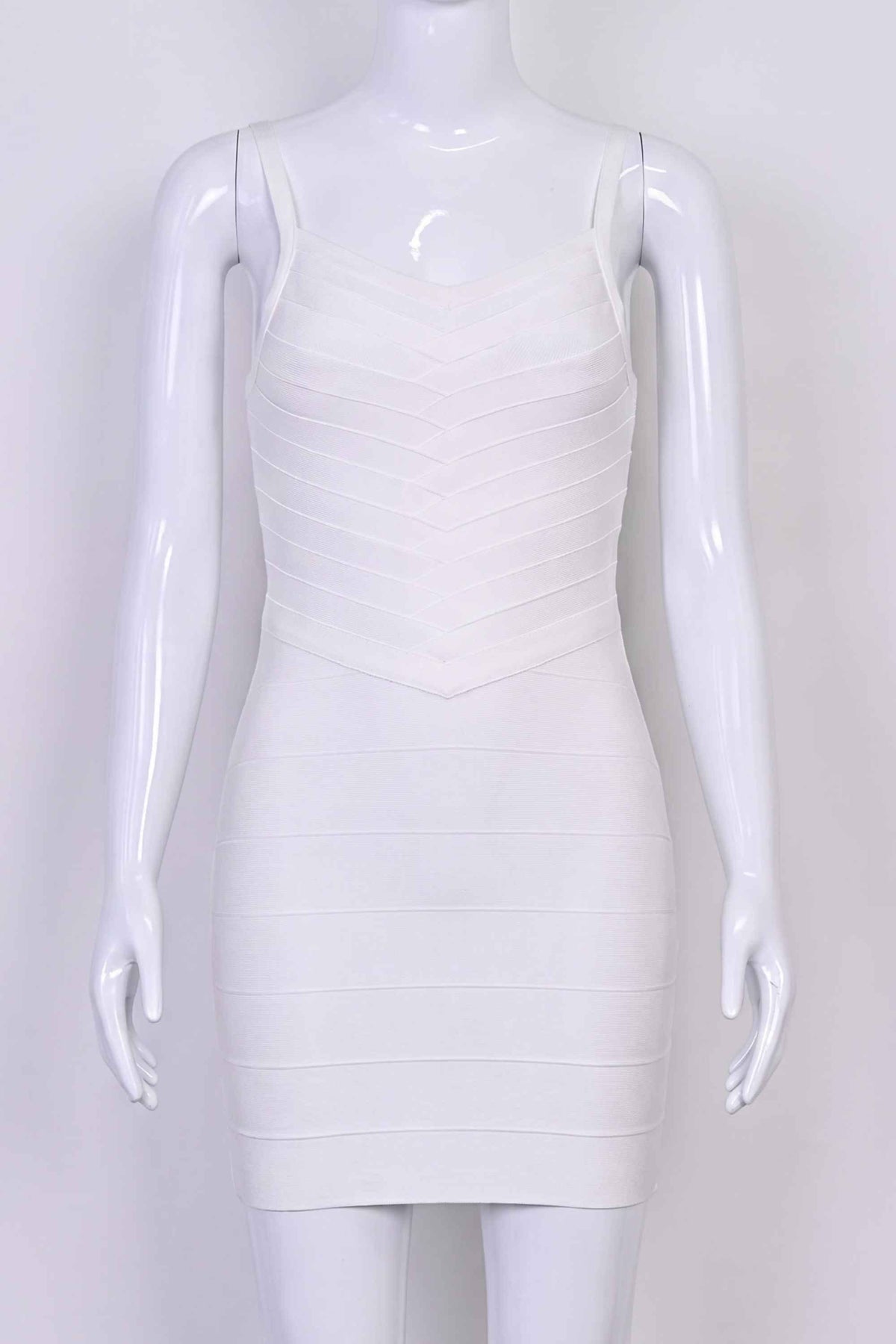 Woman wearing a figure flattering  Dom Bandage Mini Dress - White Pearl BODYCON COLLECTION Pty Ltd