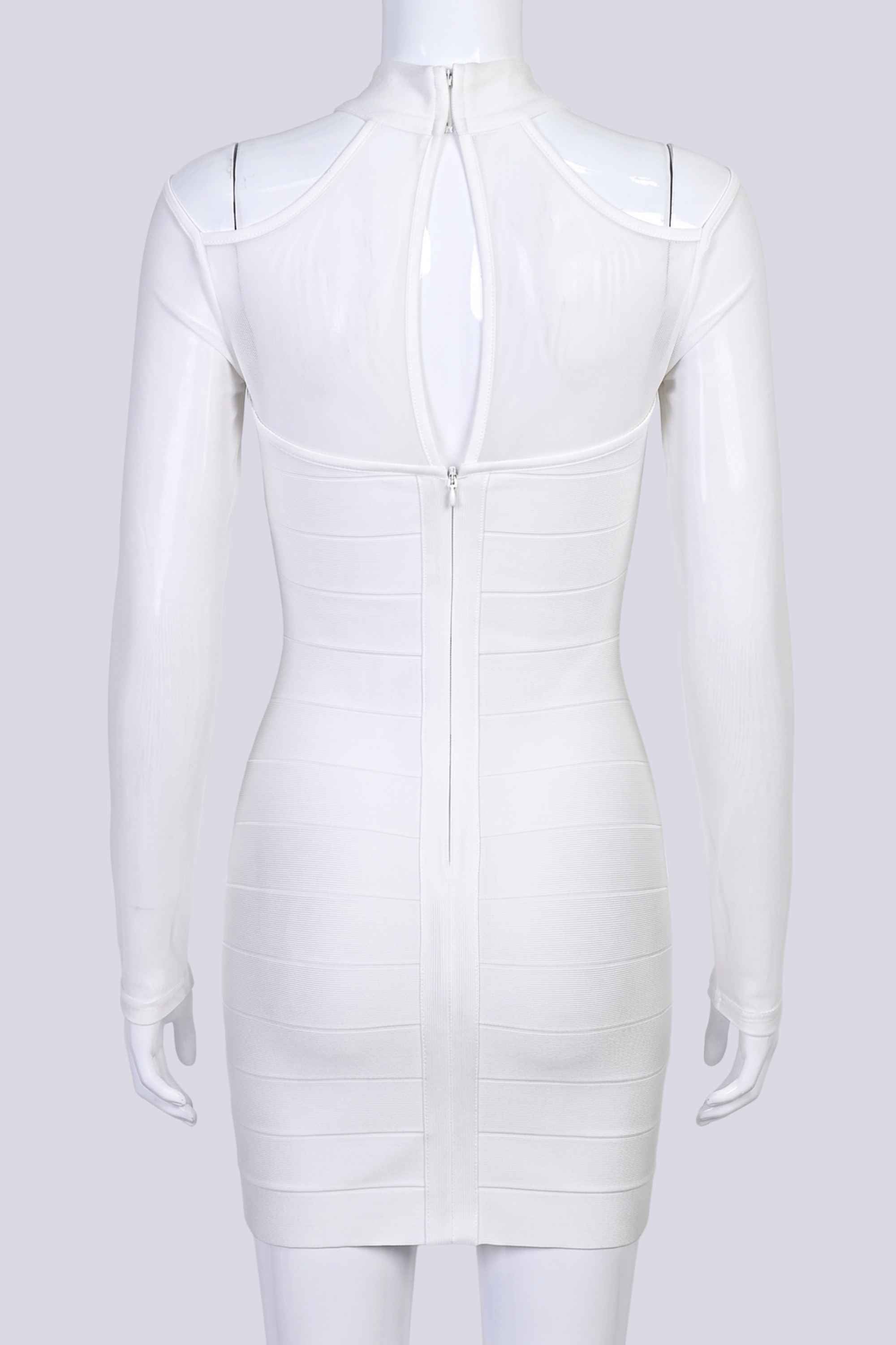 Woman wearing a figure flattering  Dovie Long Sleeve Bandage Mini Dress - White Pearl BODYCON COLLECTION Pty Ltd