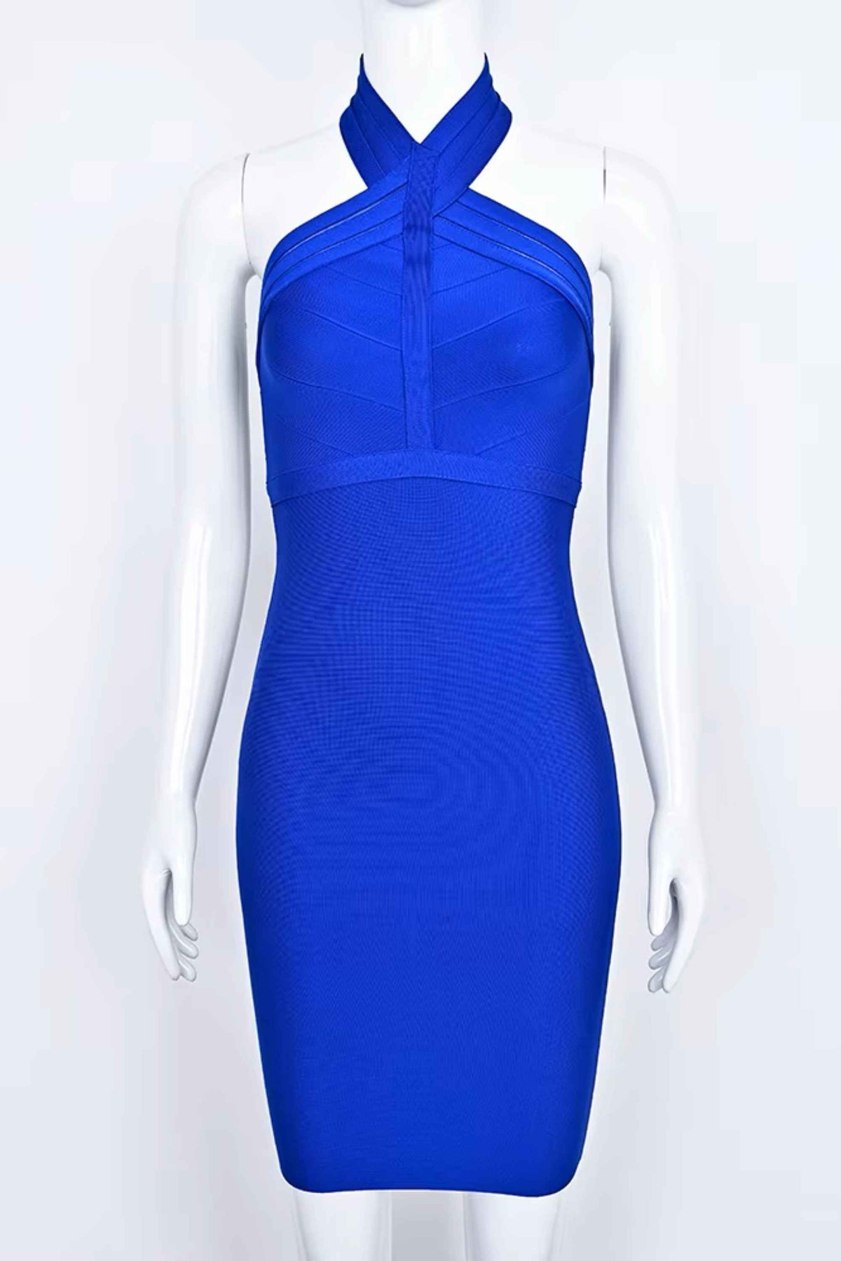 Woman wearing a figure flattering  Eden Bandage Dress - Royal Blue BODYCON COLLECTION