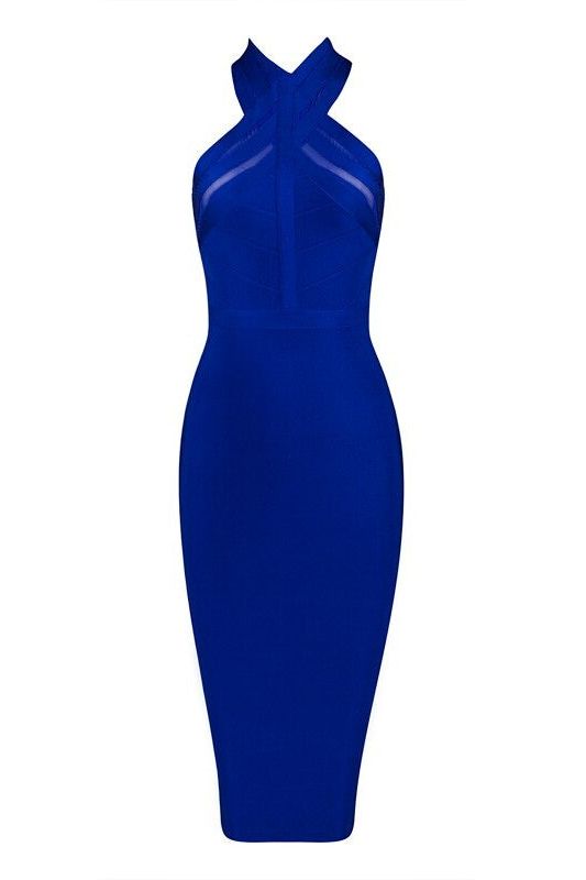 Woman wearing a figure flattering  Eden Bandage Dress - Royal Blue BODYCON COLLECTION