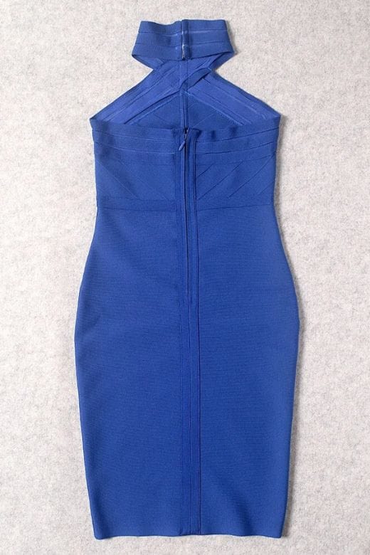 Woman wearing a figure flattering  Eden Bandage Dress - Royal Blue BODYCON COLLECTION