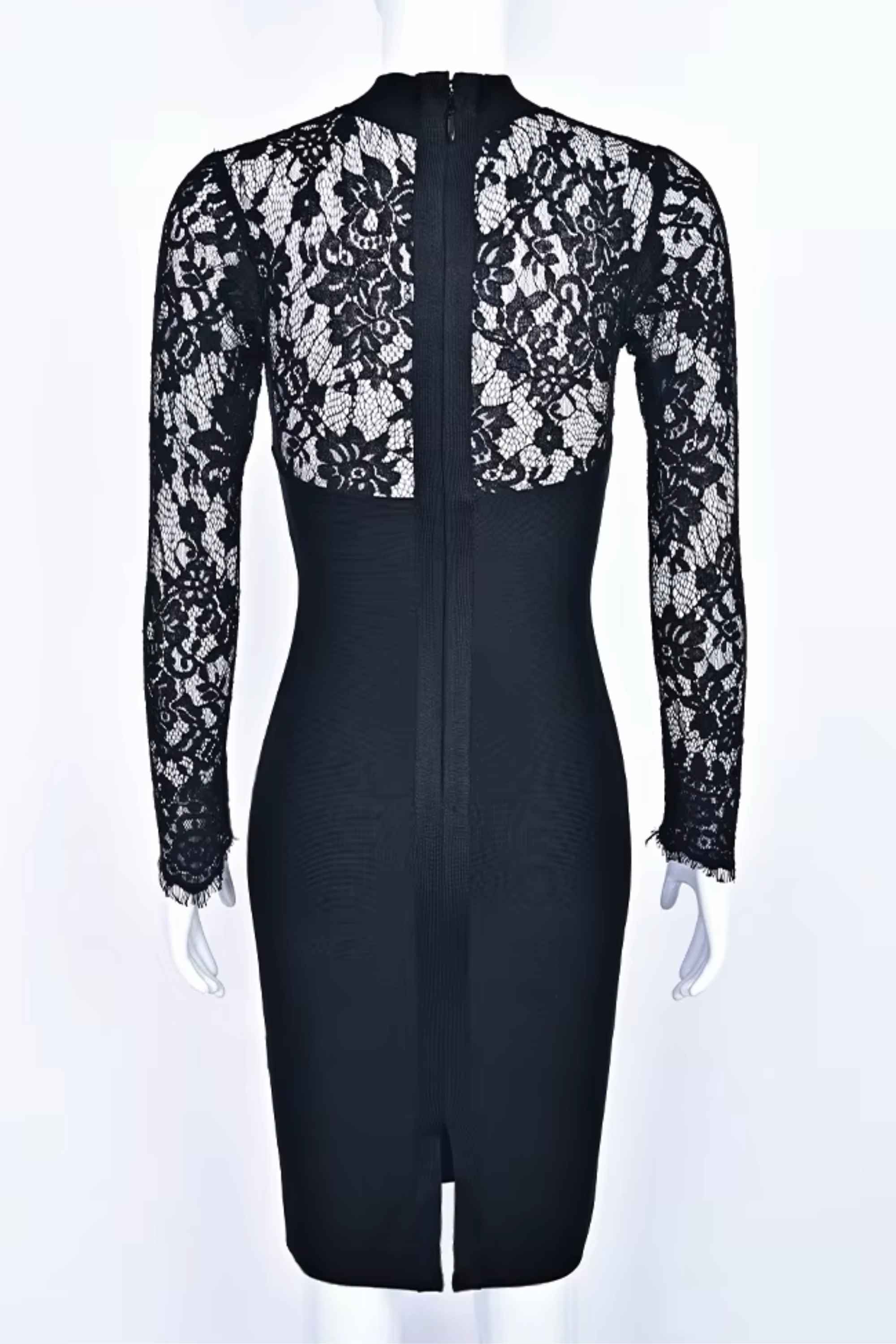 Woman wearing a figure flattering  Elia Long Sleeve Bandage Dress - Classic Black BODYCON COLLECTION Pty Ltd