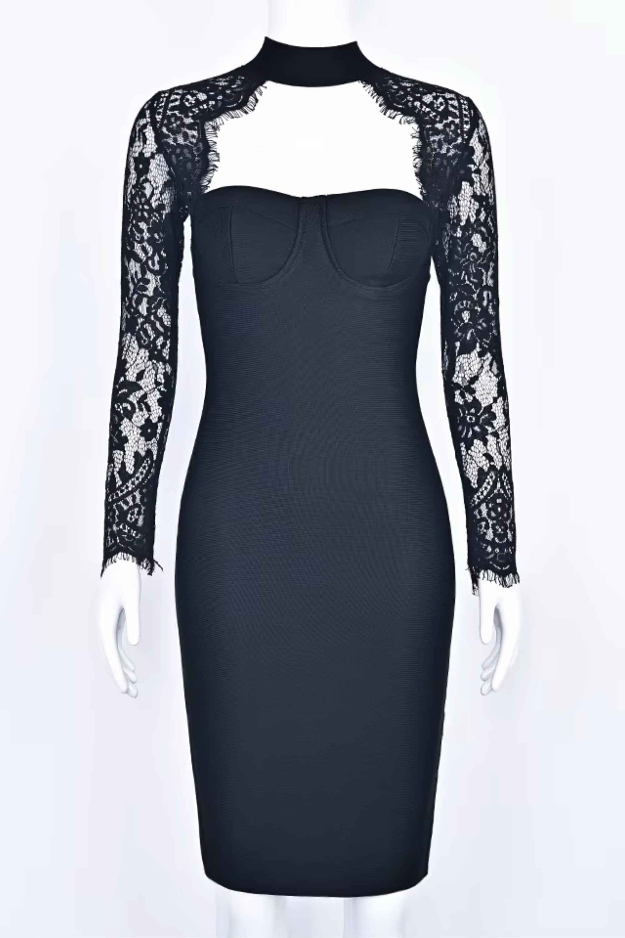 Woman wearing a figure flattering  Elia Long Sleeve Bandage Dress - Classic Black BODYCON COLLECTION Pty Ltd