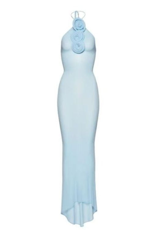 Woman wearing a figure flattering  Ellie Bodycon Maxi Dress - Baby Blue BODYCON COLLECTION