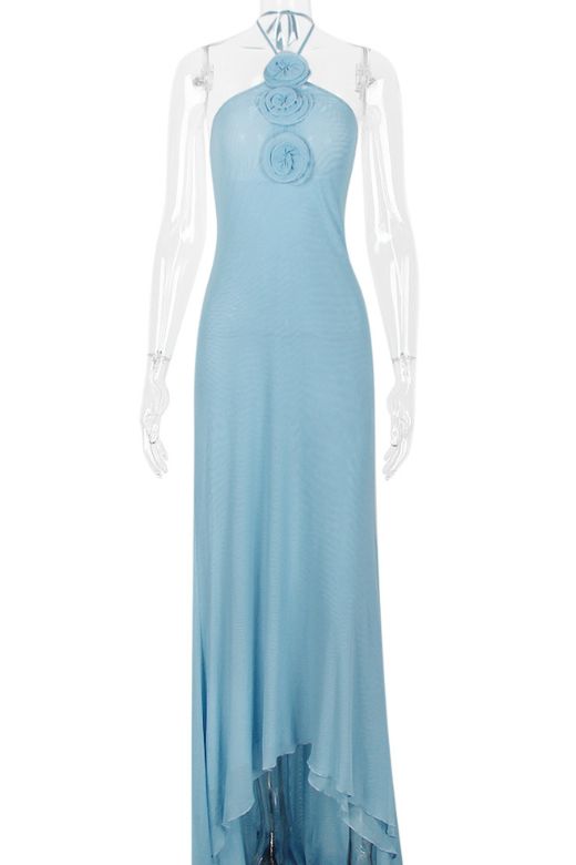 Woman wearing a figure flattering  Ellie Bodycon Maxi Dress - Baby Blue BODYCON COLLECTION