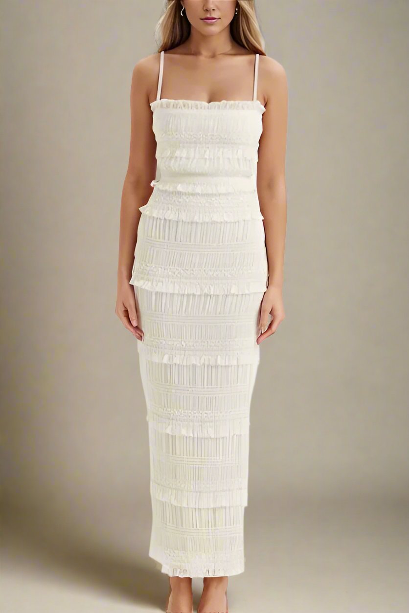 Woman wearing a figure flattering  Elyssa Bodycon Wrap Maxi Dress - Ivory BODYCON COLLECTION