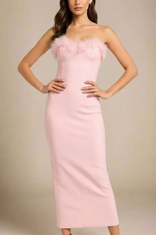 Woman wearing a figure flattering  Erin Bandage Maxi Dress - Dusty Pink BODYCON COLLECTION