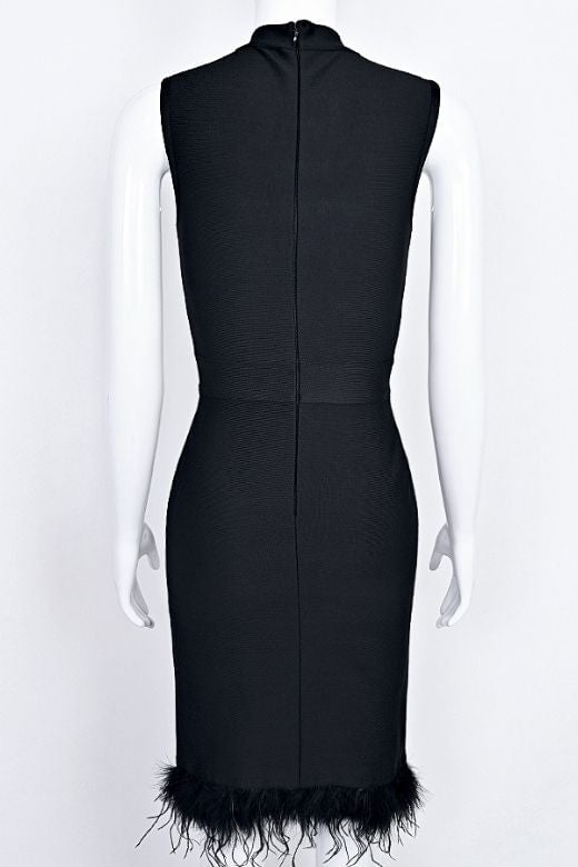 Woman wearing a figure flattering  Erin High Neck Bandage Dress -  Classic Black BODYCON COLLECTION