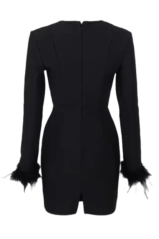 Woman wearing a figure flattering  Erin Long Sleeve Mini Dress - Classic Black BODYCON COLLECTION