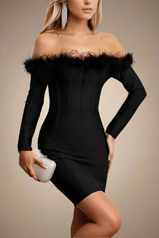 Woman wearing a figure flattering  Erin Long Sleeve Off Shoulder Bodycon Mini Dress - Classic Black BODYCON COLLECTION