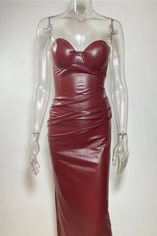 Woman wearing a figure flattering  Faith Bodycon Midi Dress - Red Wine BODYCON COLLECTION