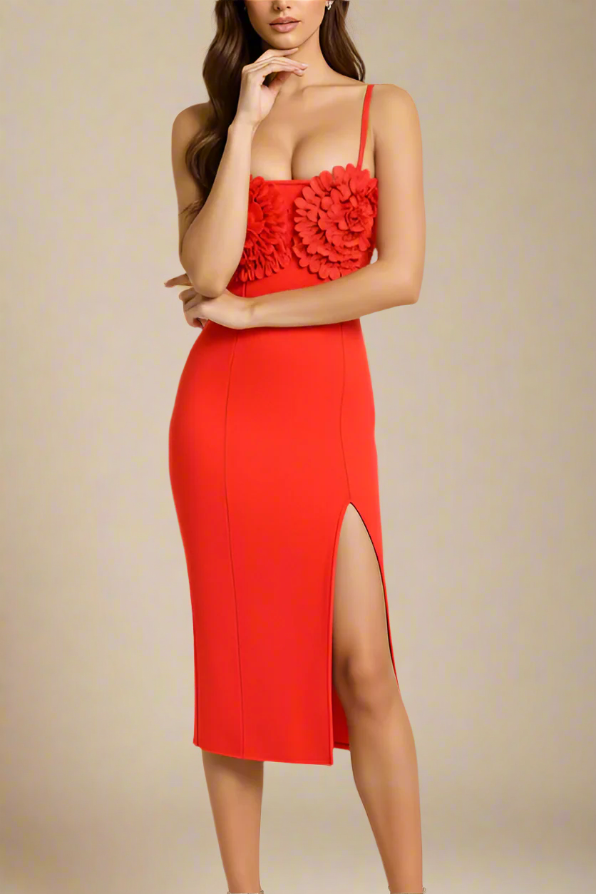 Woman wearing a figure flattering  Faye Bandage Midi Dress - Lipstick Red BODYCON COLLECTION