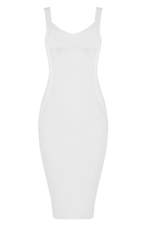 Woman wearing a figure flattering  Freya Bandage Midi Dress - Pearl White BODYCON COLLECTION
