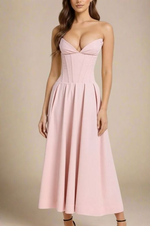 Woman wearing a figure flattering  Gabbi Bodycon Midi Dress - Dusty Pink BODYCON COLLECTION