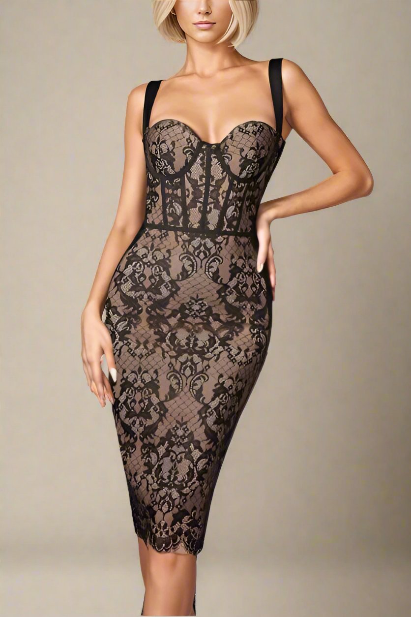 Woman wearing a figure flattering  Genevieve Bodycon Lace Midi Dress - Classic Black BODYCON COLLECTION