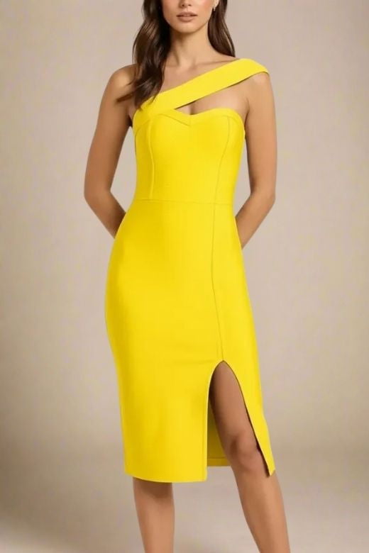 Woman wearing a figure flattering  Gianna Bandage Dress - Sun Yellow BODYCON COLLECTION